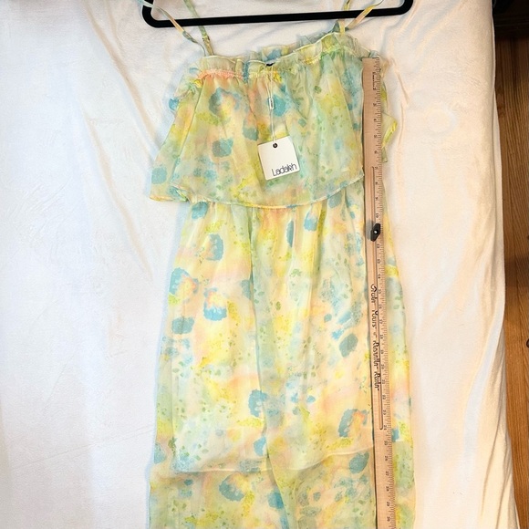 NEW Ladakh Watercolor Chiffon Sleeveless Maxi Dress 6 sundress flowy yellow blue - Picture 6 of 10